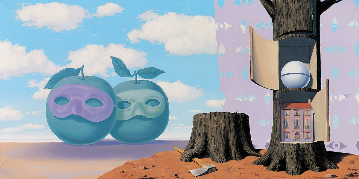 Painting with surreal shapes: Two apples with eye masks, behind them a cloudy sky. On the right, a tree with doors on its trunk, behind which a house and a round, white sphere can be seen. | Credit: René Magritte | The Enchanted Lands, 1953 | Albertina, Vienna. Batliner Collection © Bildrecht, Vienna, 2023