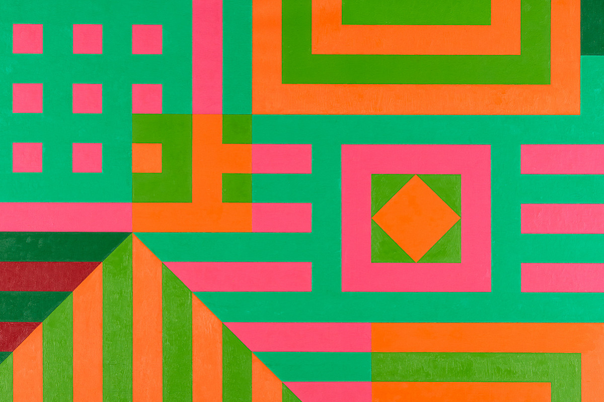 Arrangement of geometric patterns and lines in shades of green and red, some of which form squares and other shapes. | Victor Vasarely | Kiu-Siu, 1963 | The ALBERTINA Museum, Vienna – The ESSL Collection © Bildrecht, Vienna 2026