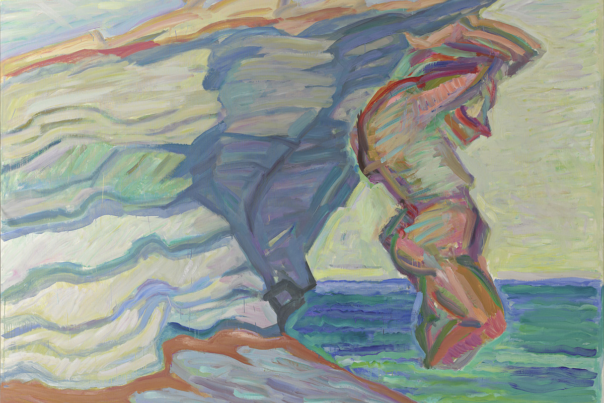 Colorful painting of a giant standing in the water supporting a cliff on his back | Maria Lassnig | Atlas, 1985 | ALBERTINA, Wien – Familiensammlung Haselsteiner | © Maria Lassnig Stiftung / Bildrecht, Wien 2023
