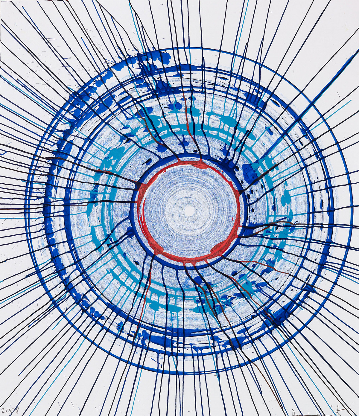 A portrait-format work that shows a multitude of circles. The circles get bigger and bigger and are painted in different colors: light to dark blue and a red circle made of colored pencil and paints. Lines run across the circles from the red circle to the outer sides of the sheet.