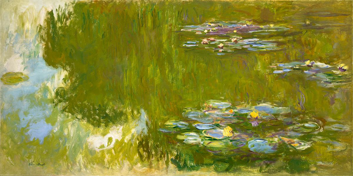 Painting of a pond with water lilies in shades of blue, green and pink, soft, blurred areas of color