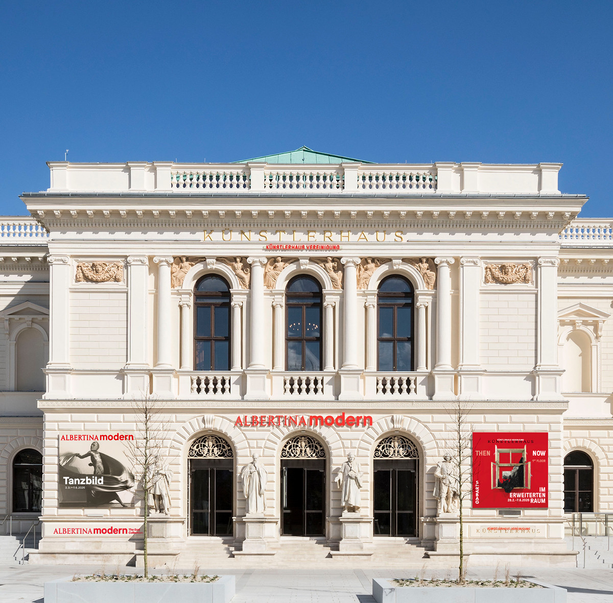 A photo of the exterior of the ALBERTINA MODERN with the museum's current exhibitions | Photo (Mockup) © Rupert Steiner