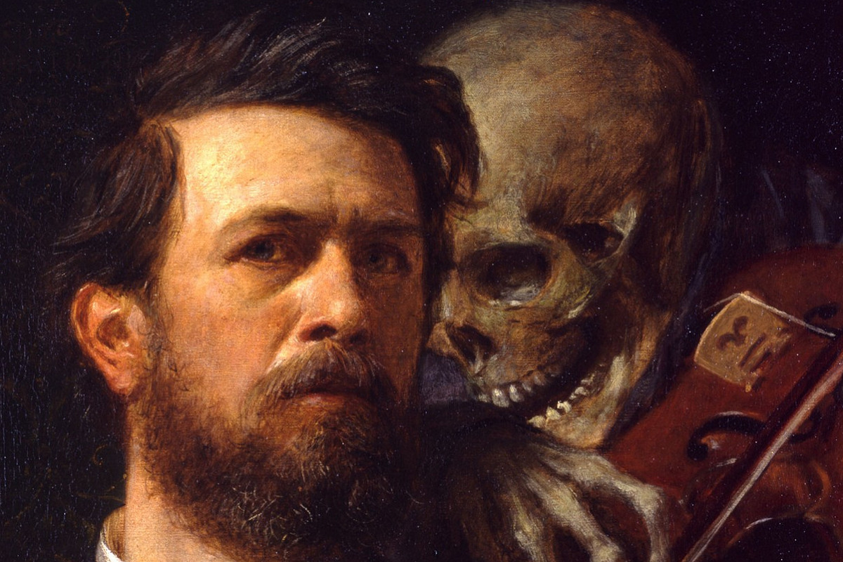 The artist in the foreground with short brown hair and a full beard. He is wearing a white shirt without a collar and a black jacket. In one hand he is holding a paintbrush, in the other a painter's palette and a white handkerchief. Behind him is a skeleton holding a violin and whispering something in his ear. Credit: Arnold Böcklin | Self-portrait with Death as a Fiddler, 1872 | Staatliche Museen zu Berlin, Preußischer Kulturbesitz, Alte Nationalgalerie © Photo: Staatliche Museen zu Berlin, Nationalgalerie / Andres Kilger