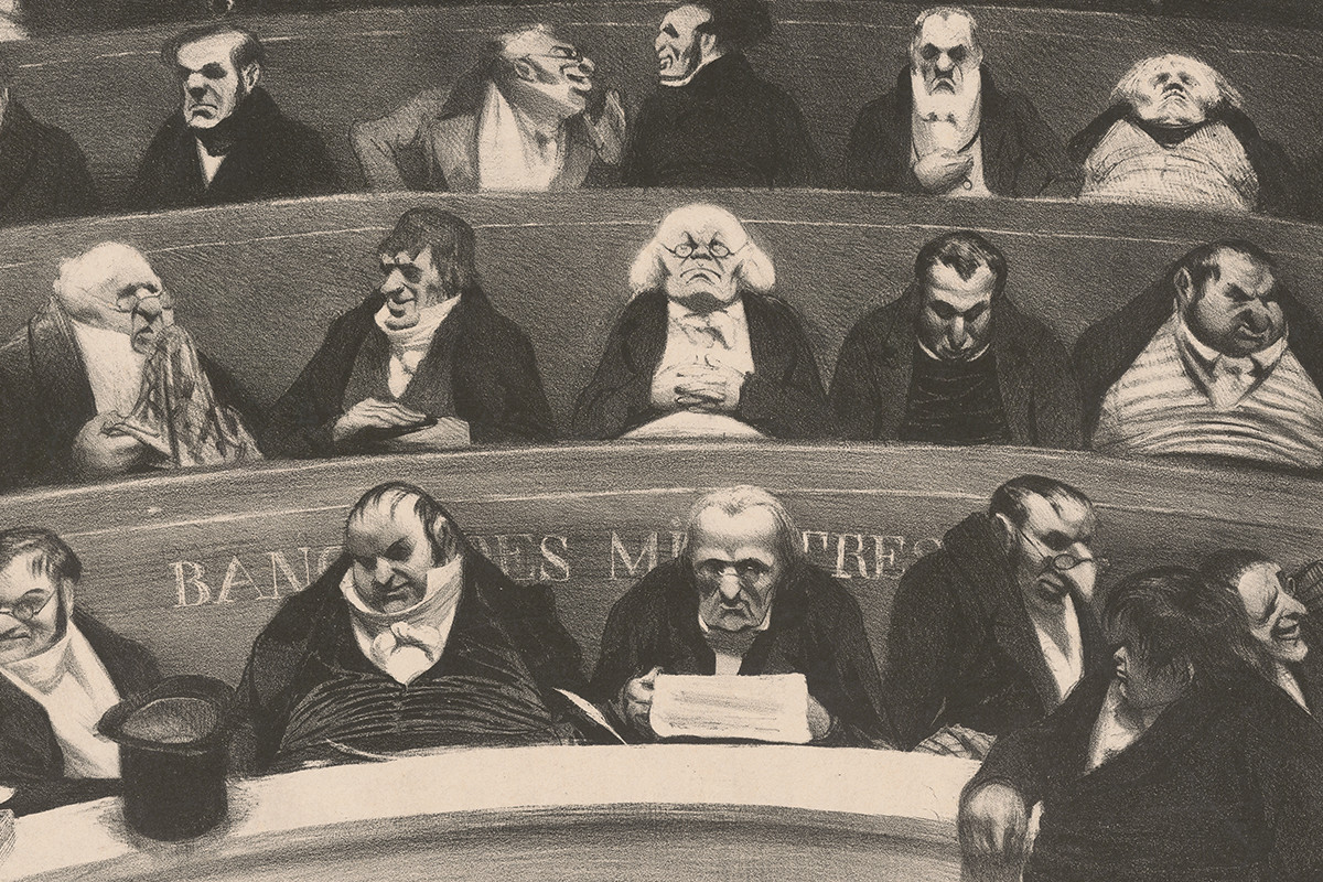 Lithograph showing closely seated men in dark suits on wooden benches in a hall. Credit: Honoré Daumier | Le ventre législatif,1834 | The ALBERTINA MUSEUM, Vienna