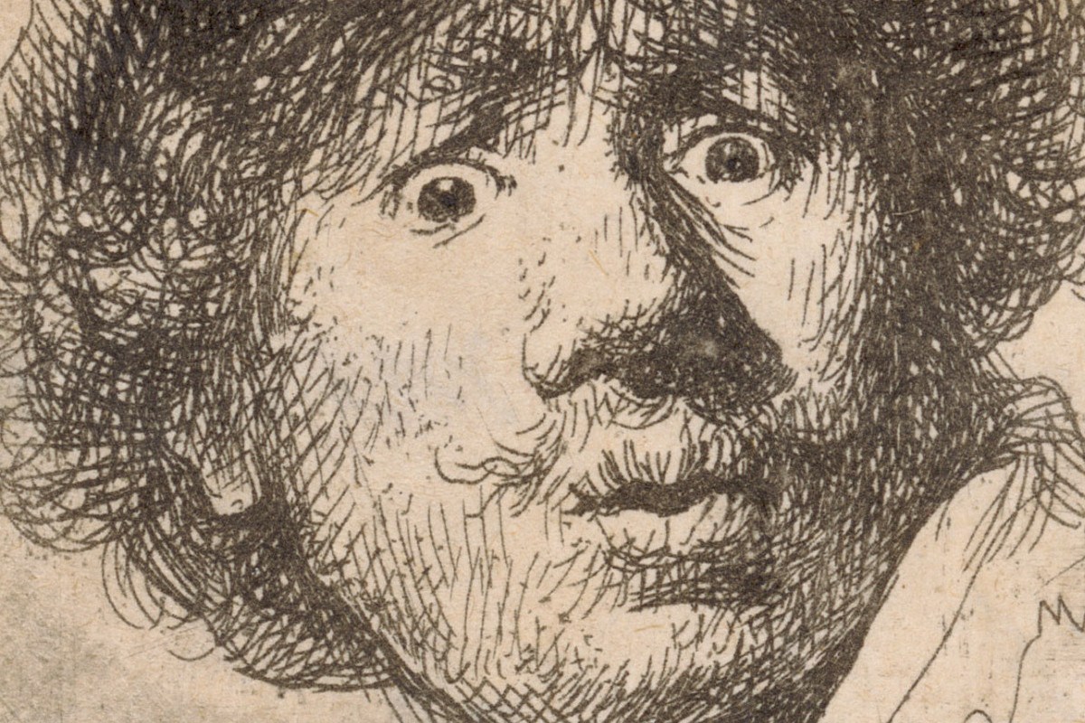 Drawing: A self-portrait of the artist with wide eyes and pursed lips. He is wearing a headdress under which curly hair and a moustache can be seen. He is looking out of the picture with his head turned to one side. Credit: Rembrandt Harmensz. van Rijn | Self-portrait with eyes wide open, 1630 | The ALBERTINA Museum, Vienna
