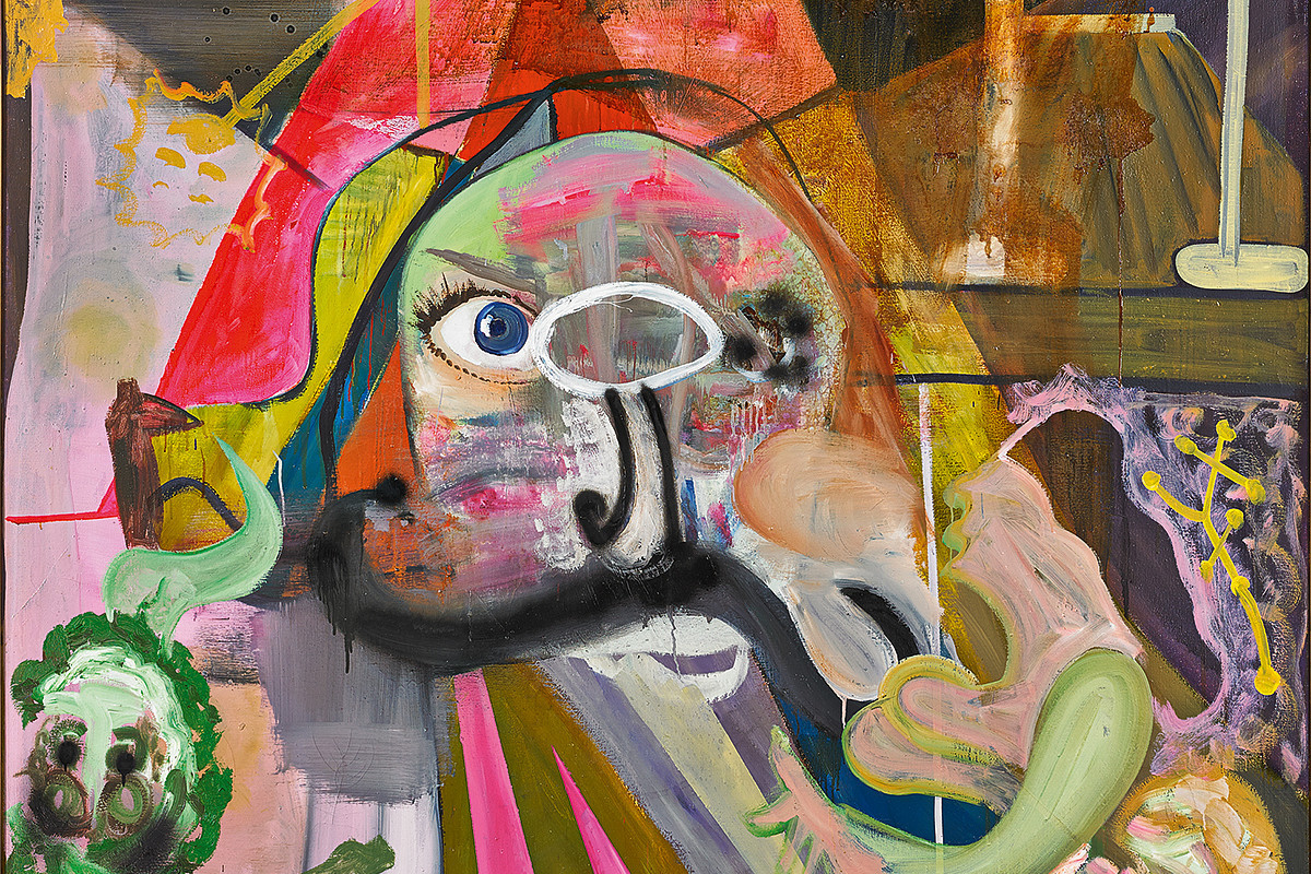 Abstract, colorful painting with a distorted head and graphic shapes | Albert Oehlen |  Abgaskopf, 1984 | The ALBERTINA Museum, Vienna – The ESSL Collection © Bildrecht, Vienna 2020