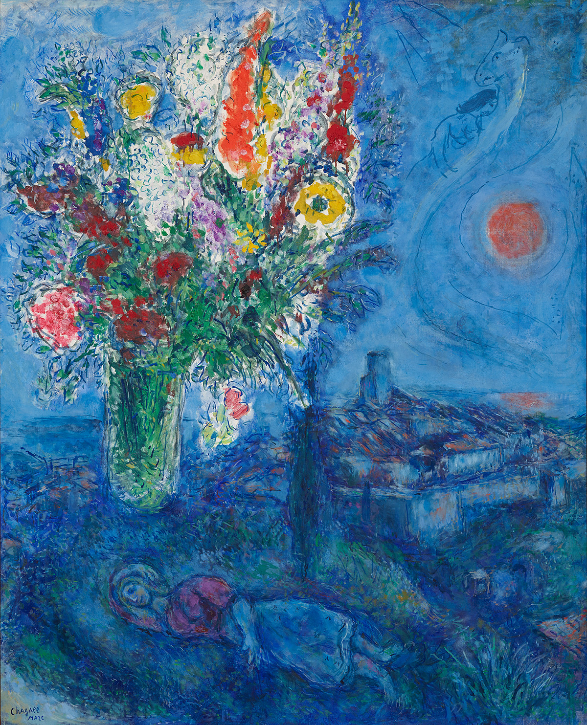 Blue picture: A lying figure, next to it a colorful bouquet of flowers, in the background a stylized building. | Marc Chagall | Sleeping Woman with Flowers | ALBERTINA, Vienna – The Batliner Collection © Bildrecht, Vienna 2024