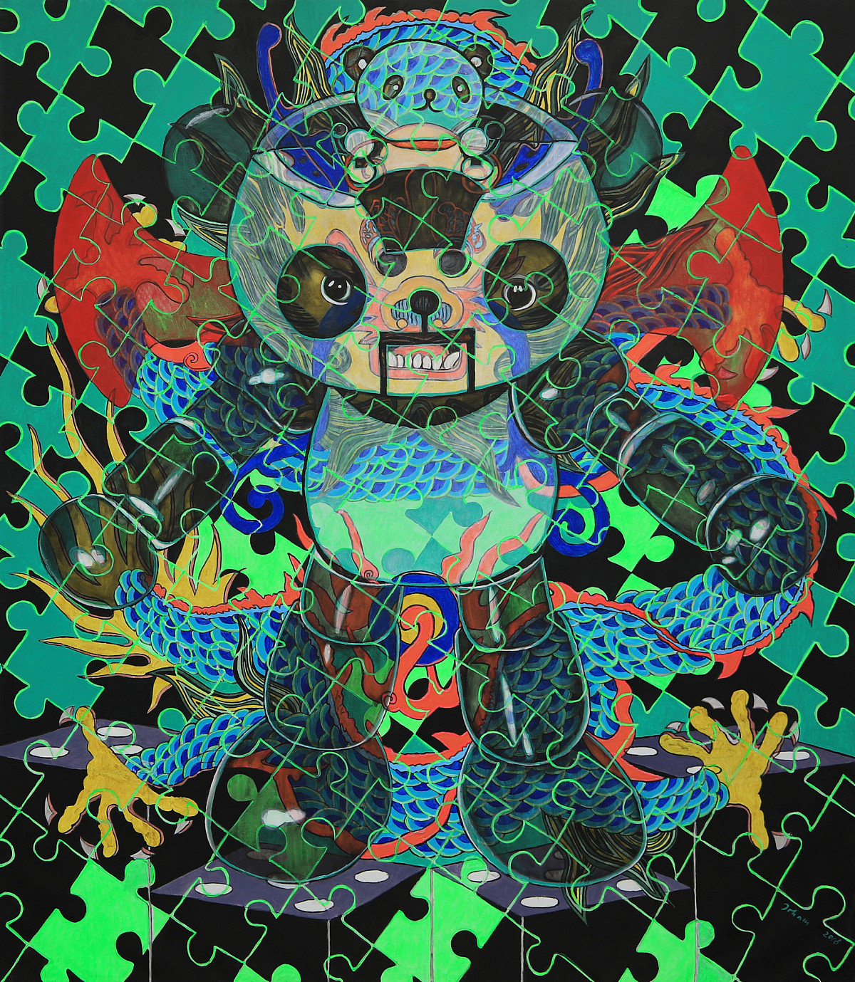 A painting that looks like a puzzle with black and green pieces, depicting a panda cartoon character. Credit: Isolde Maria Joham | Puzzle-Panda, 2008 | Prof. Gottfried Höllwarth © Isolde Maria Joham | Photo: Nicole Wiedenbeck