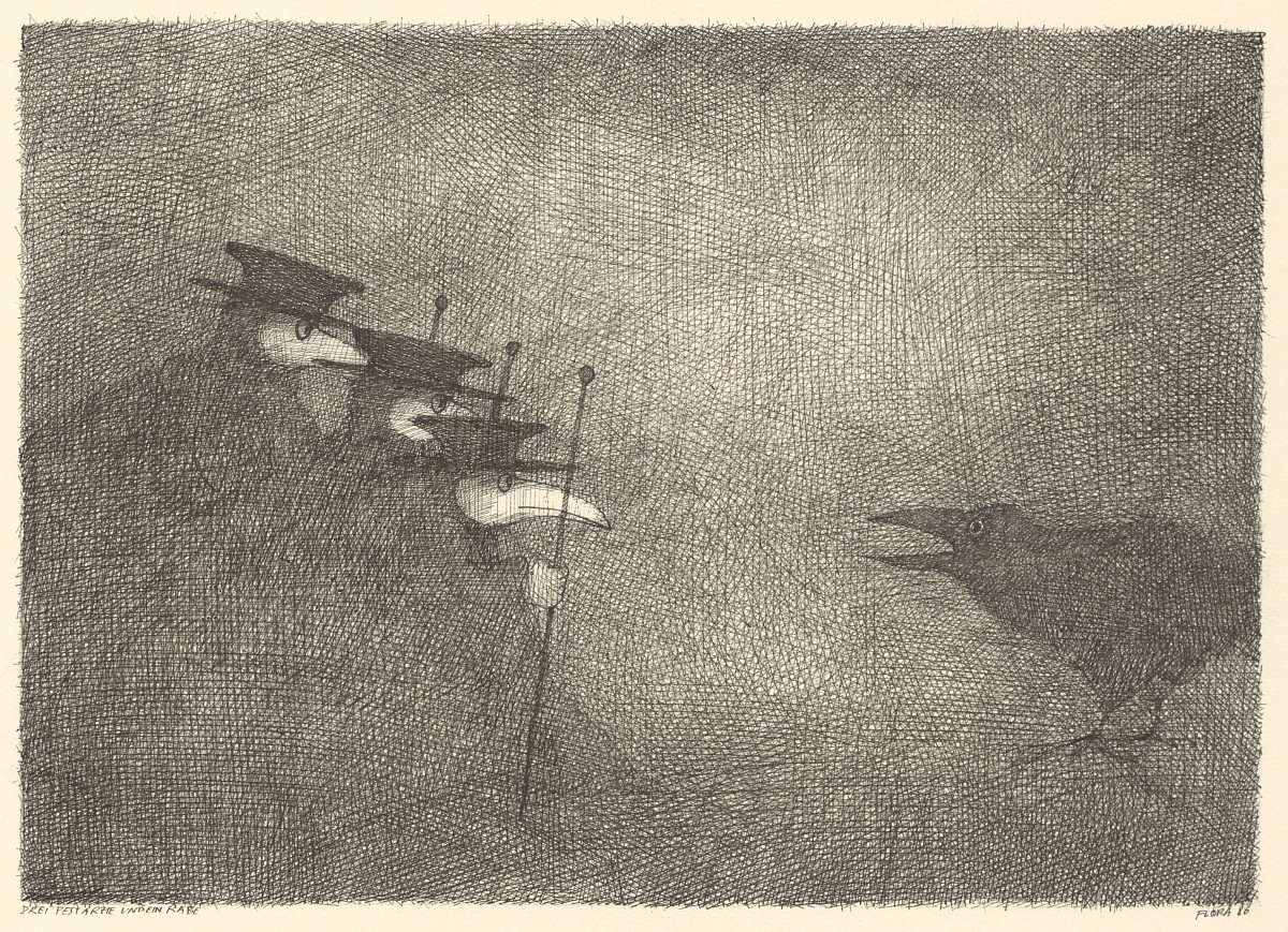 Paul Flora: Three Plague Doctors and a Raven, 1986