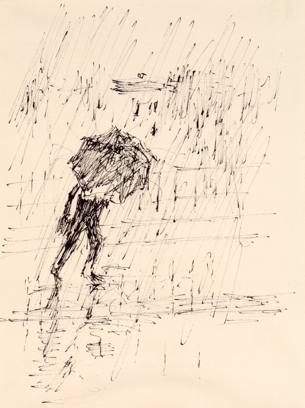 Paul Flora: In the Rain: Man, half covered by an umbrella, walking, against the rain, ca. 1946