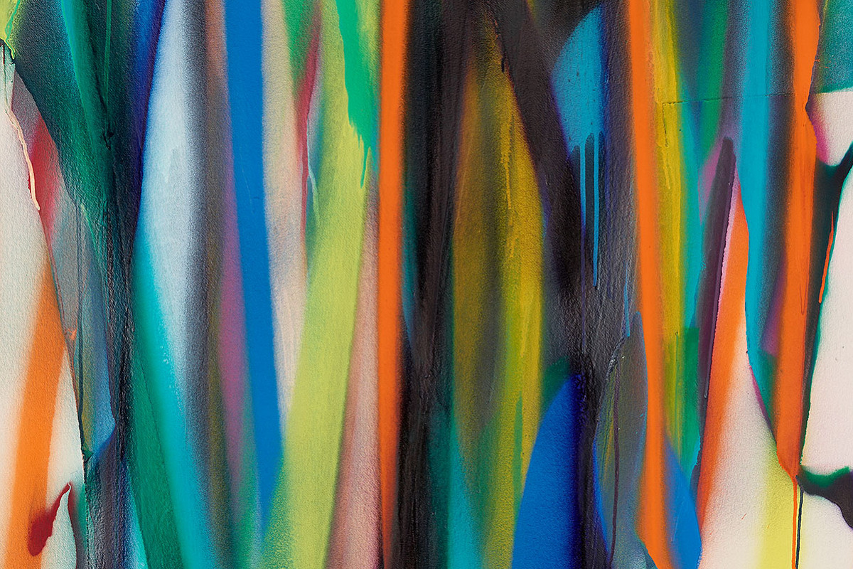 Abstract, color-intensive stripes run vertically across the canvas, with flowing movement and drip marks. | Katharina Grosse | Untitled, 2019 | The ALBERTINA Museum, Vienna – Family Collection Haselsteiner © Katharina Grosse / Bildrecht, Vienna 2025