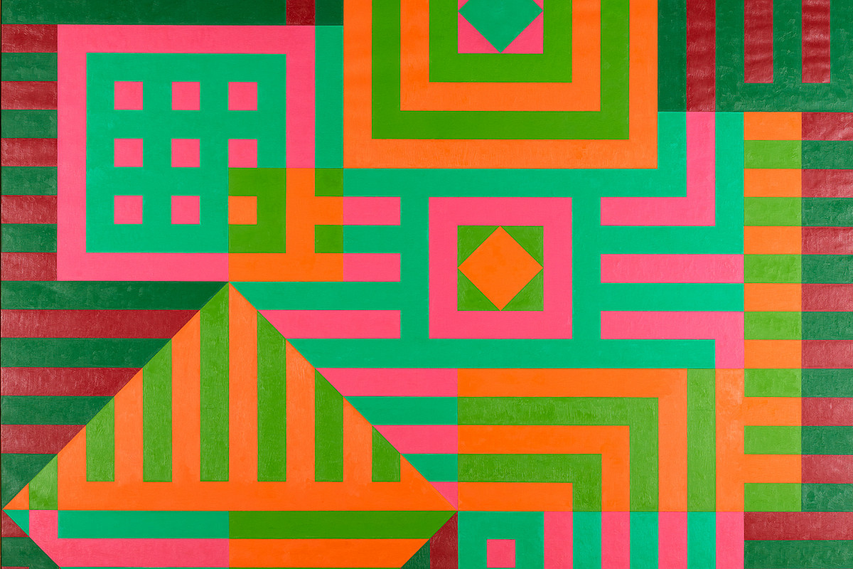 Arrangement of geometric patterns and lines in shades of green and red, some of which form squares and other shapes. | Victor Vasarely | Kiu-Siu, 1963 | The ALBERTINA Museum, Vienna – The ESSL Collection © Bildrecht, Vienna 2025