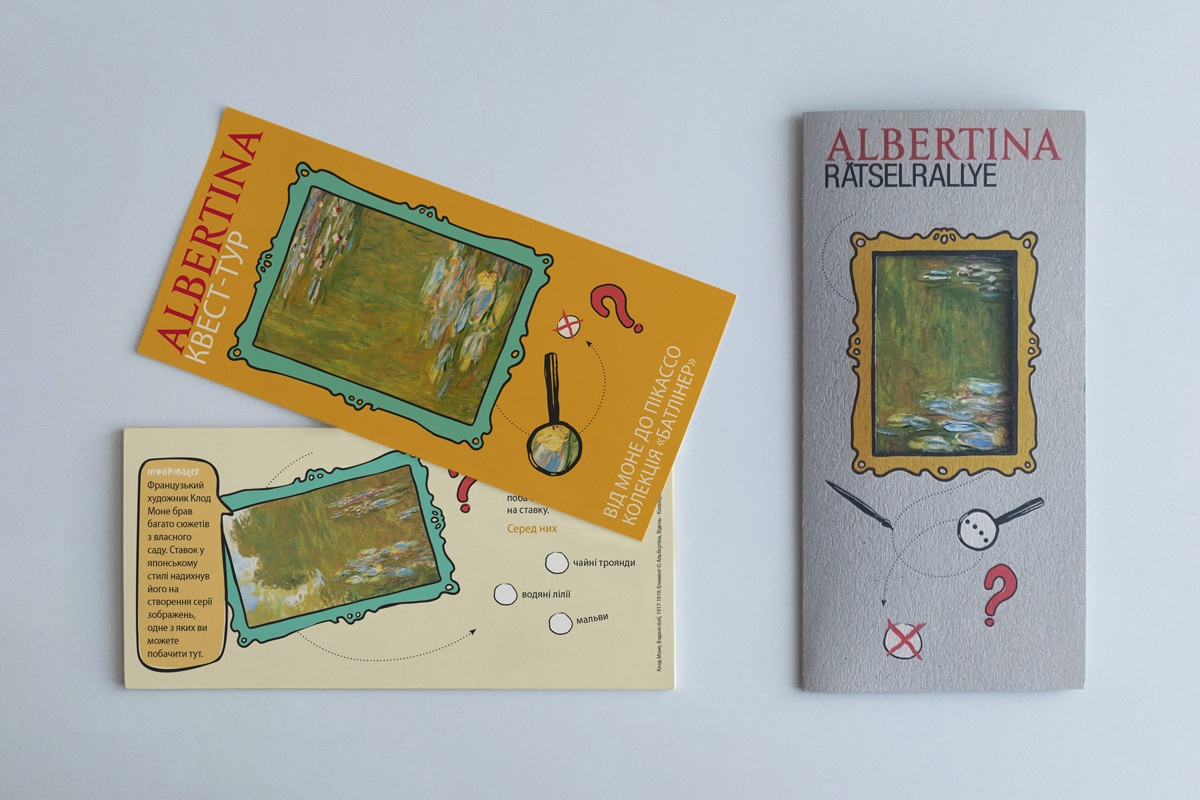 Mockup: The puzzle rally in German with a gray cover, the Ukrainian version in orange. Both are designed with playful illustrations, such as a question mark and a magnifying glass. In the center of each cover is a framed detail of Monet's water lily pond. | Credit: Claude Monet | The Water Lily Pond (detail), 1917-1919 | The ALBERTINA Musem, Vienna - Batliner Collection