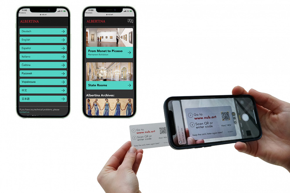 Three smartphones show a digital museum application of the Albertina. Two screens show language options and exhibitions, while a third smartphone scans an information card with a QR code and web address. | Photo © ALBERTINA, Vienna