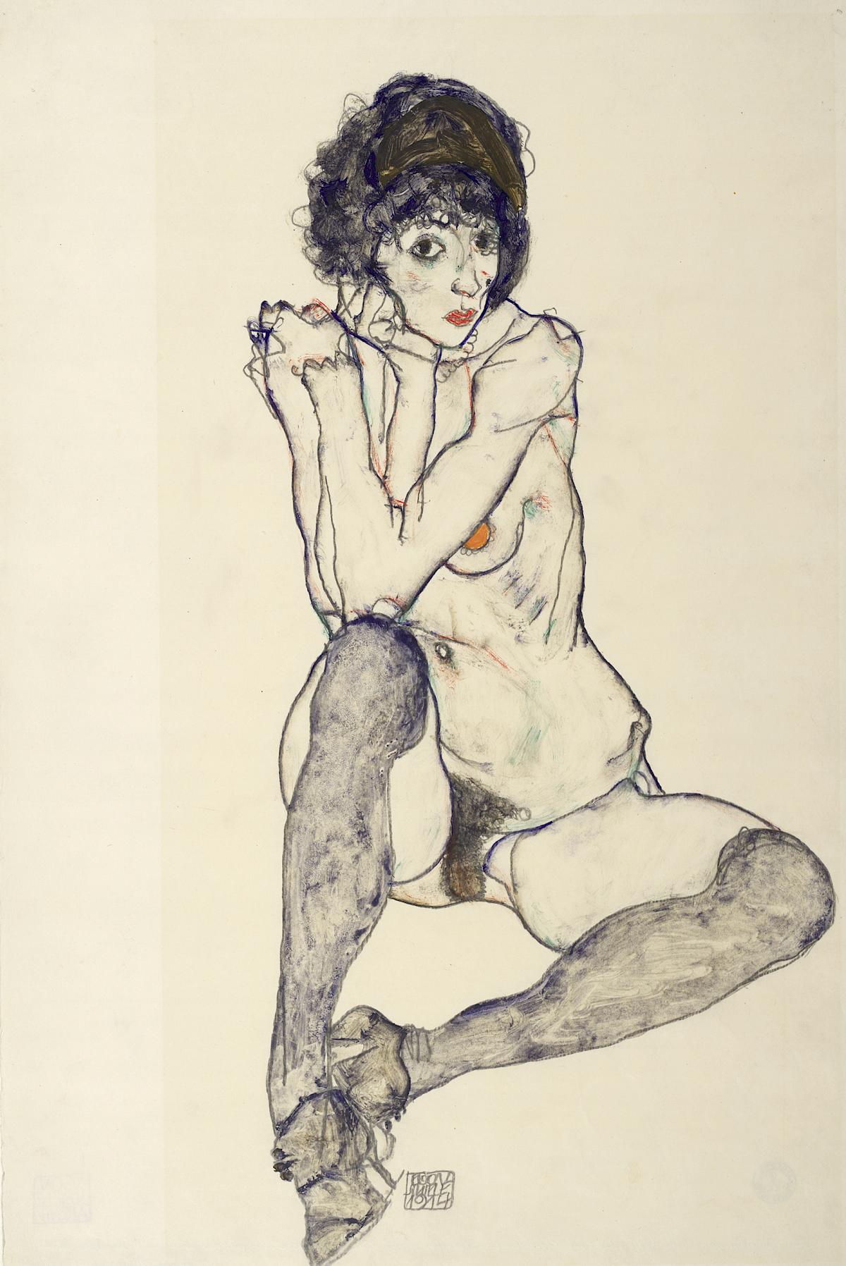 Egon Schiele: Seated Female Nude, leaning on Ellbows, 1914