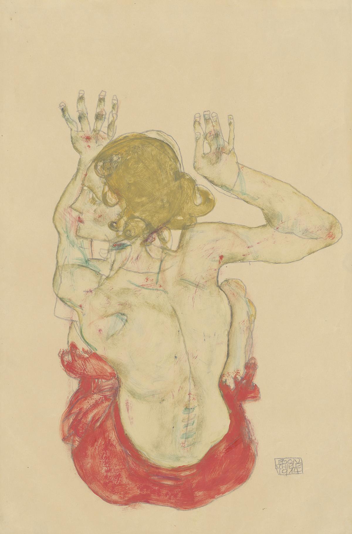 Egon Schiele: Seated Female Nude, Back View, with Red Skirt, 1914