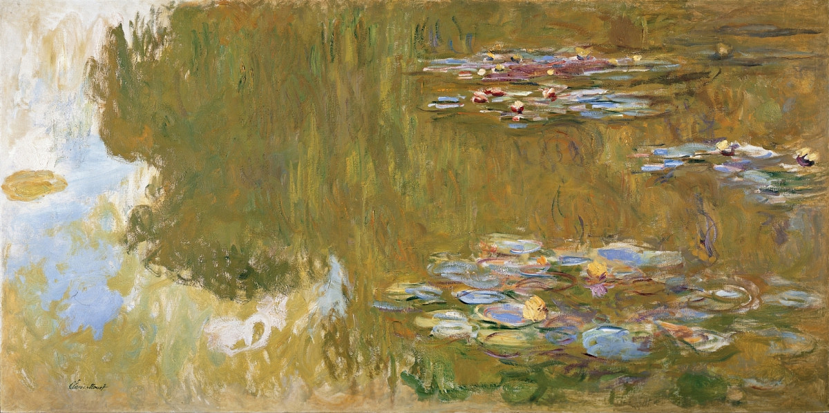 Painting of a pond with water lilies in shades of blue, green and pink, soft, blurred areas of color | Claude Monet | The Water Lily Pond, 1917-1919 | The ALBERTINA Museum, Vienna – The Batliner Collection