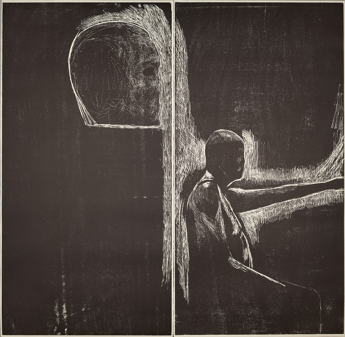 Ofer Lellouche: Selbstporträt mit der Skulptur eines Kopfes, 2012