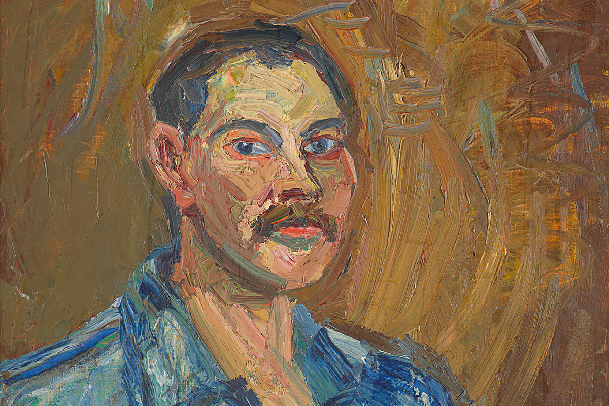 Self-portrait of the artist wearing a blue shirt and sitting in front of a brown background, painted with rough brushstrokes. | Herbert Boeckl | Self-portrait with blue shirt, 1929 | The ALBERTINA Museum, Vienna - Family Collection Haselsteiner © Herbert-Boeckl-Nachlass, Wien