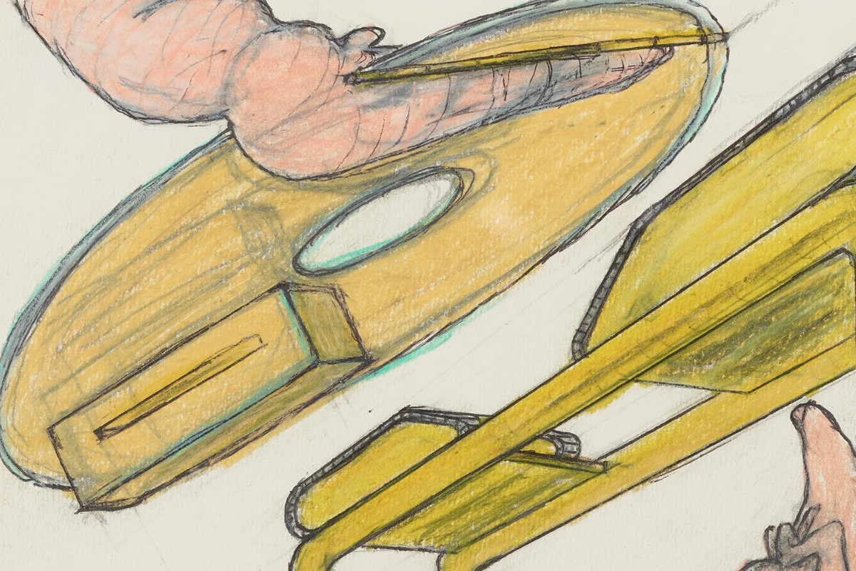 Colorful drawing showing figures around a kind of futuristic bus stop with canopy and bench. | Bruno Gironcoli | Untitled, 1980–85 | ALBERTINA Museum, Vienna – Donation of Agnes Essl © Bruno Gironcoli