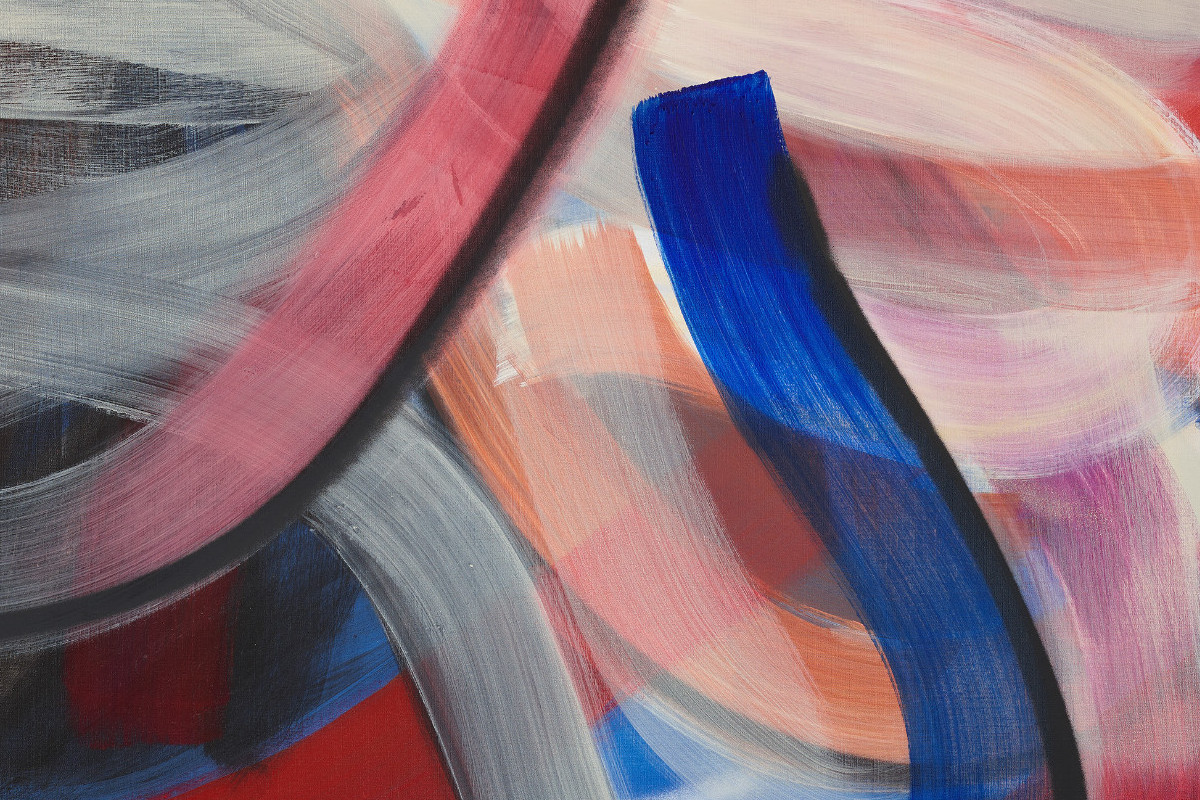 A painting composed of bold, colorful brushstrokes in shades of red and blue.