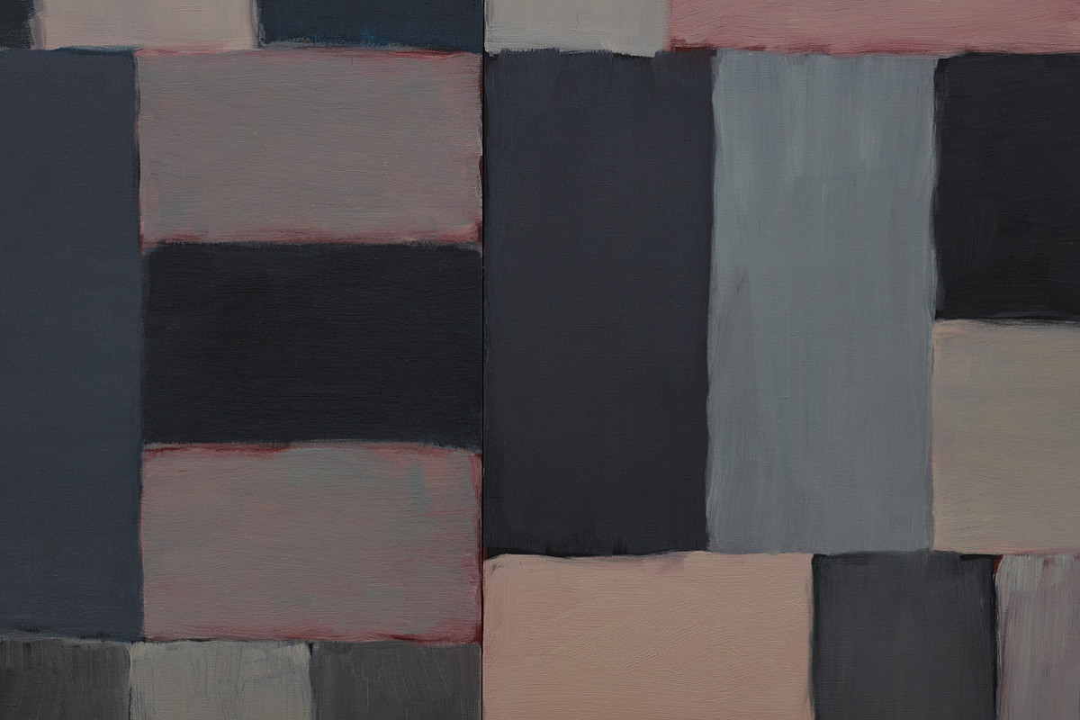 Rectangles in dark shades of black, blue, gray, and pink arranged in squares. Credit: Sean Scully | Wall of Light Pink Sea, 2007 | The ALBERTINA Museum Vienna – Donation of the International Friends of the ALBERTINA, Inc. © Sean Scully The ALBERTINA Museum, Vienna