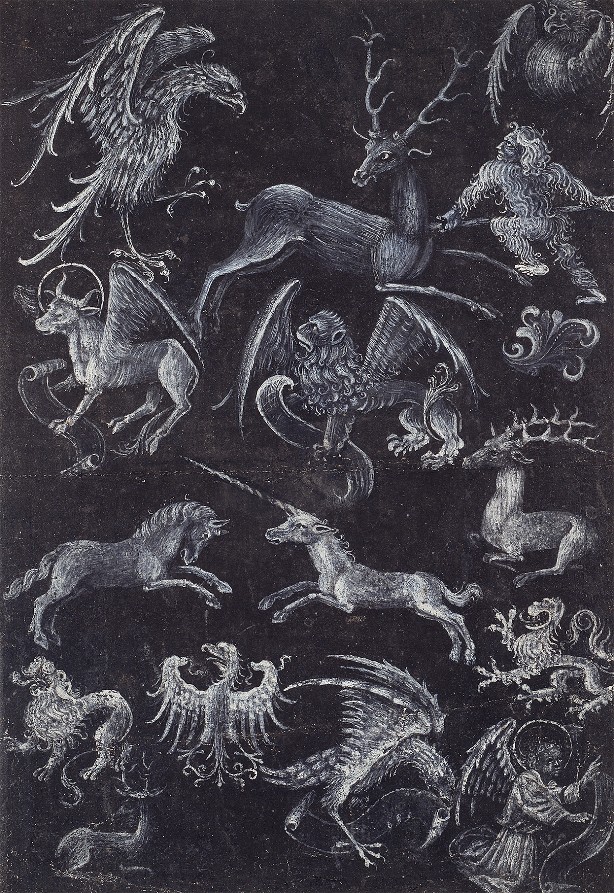 Upper Rhenish master: Model Sheet with the Symbols of the Four Evangelists, Animals, and a Wild Man, ca. 1430-1440