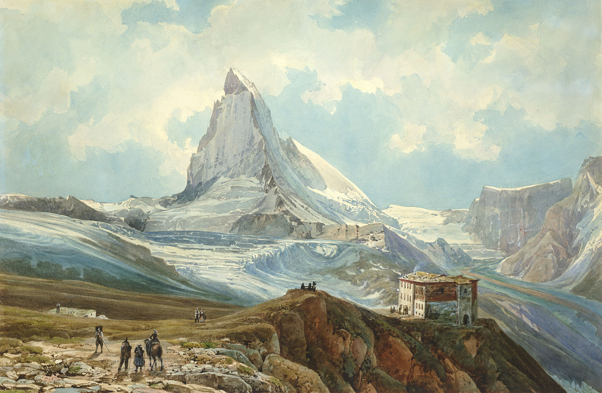 Painting: A mountain landscape with the Matterhorn in the background, blue sky with clouds. In the foreground a plateau with a large multi-storey shelter and hikers on foot or on horseback on the way to and from the house. Credit: Thomas Ender | The Matterhorn seen from the Gornergrat, 1854 | THE ALBERTINA MUSEUM, Vienna © Photo: THE ALBERTINA MUSEUM, Vienna