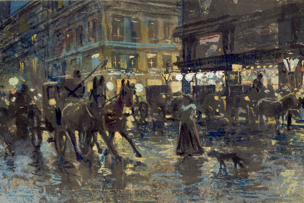 Lively street scene in Vienna with pedestrians, carriages and colorful building façades.