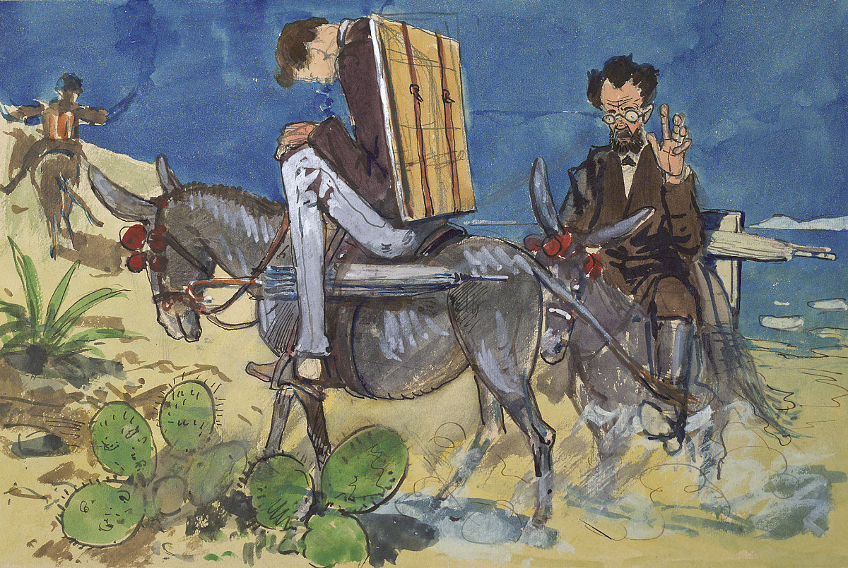 Two men sitting on a donkey with a lot of luggage on their backs and umbrellas mounted on the donkey. Cacti in the foreground and a sandy ground, blue sky in the background.