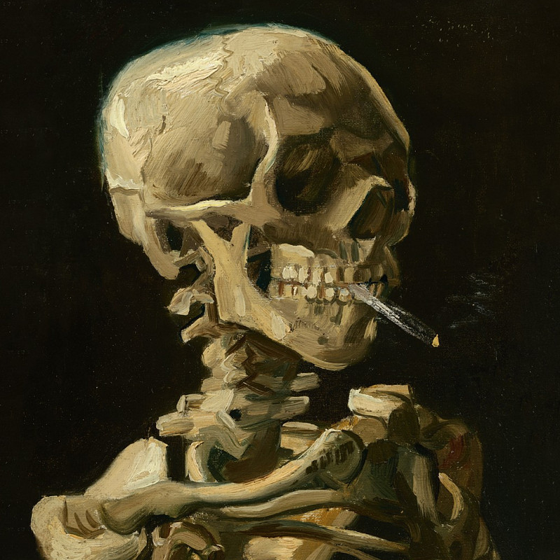 Gemälde eines Skeletts, welches einen brennende Zigarette zwischen den Zähnen hat und zur Seite blickt. | Vincent van Gogh | Kopf eines Skeletts mit brennender Zigarette, 1886 | Van Gogh Museum, Amsterdam | Foto: Vincent van Gogh Foundation