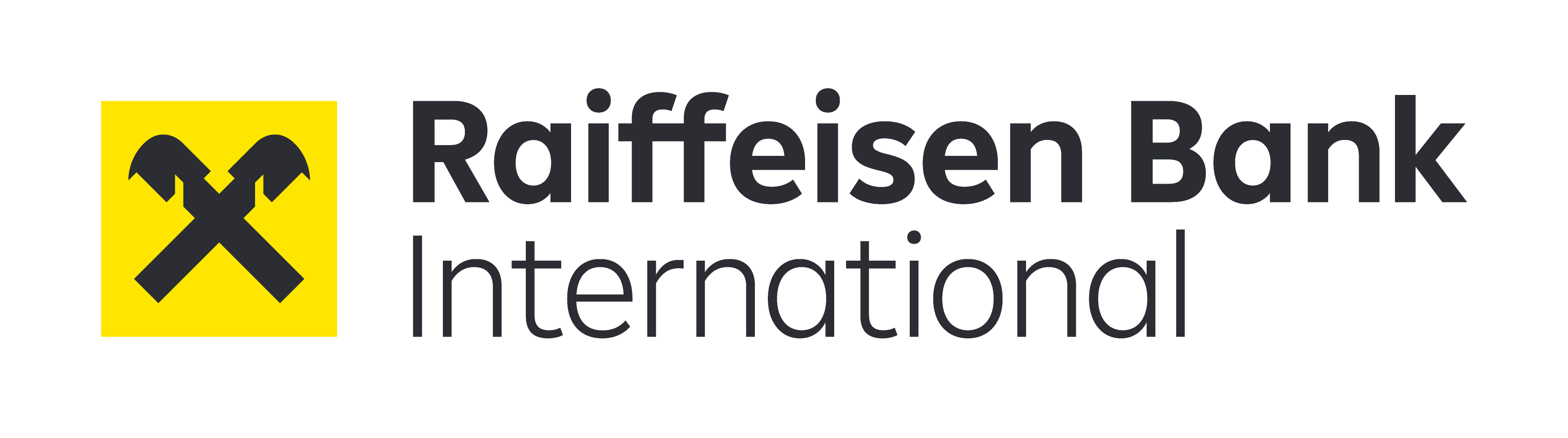 Logo der Raiffeisen Bank: ein gelbes Kästchen mit einem schwarzen Giebelkreuz und daneben der Schriftzug Raiffeisen Bank International.