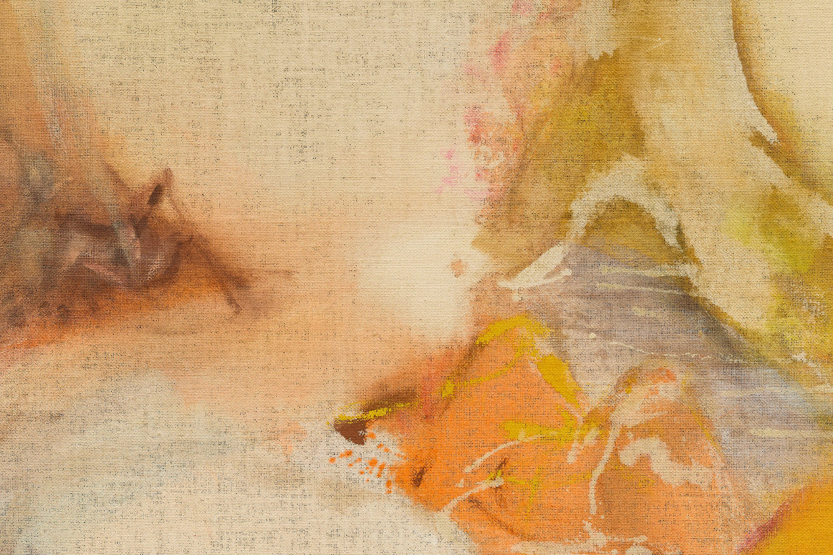 Colored areas in beige, white, orange and blue with slight gradients. Credit: Leiko Ikemura | Yellow Scape, 2020 | © 2025 Leiko Ikemura / Photo: Lisson Gallery