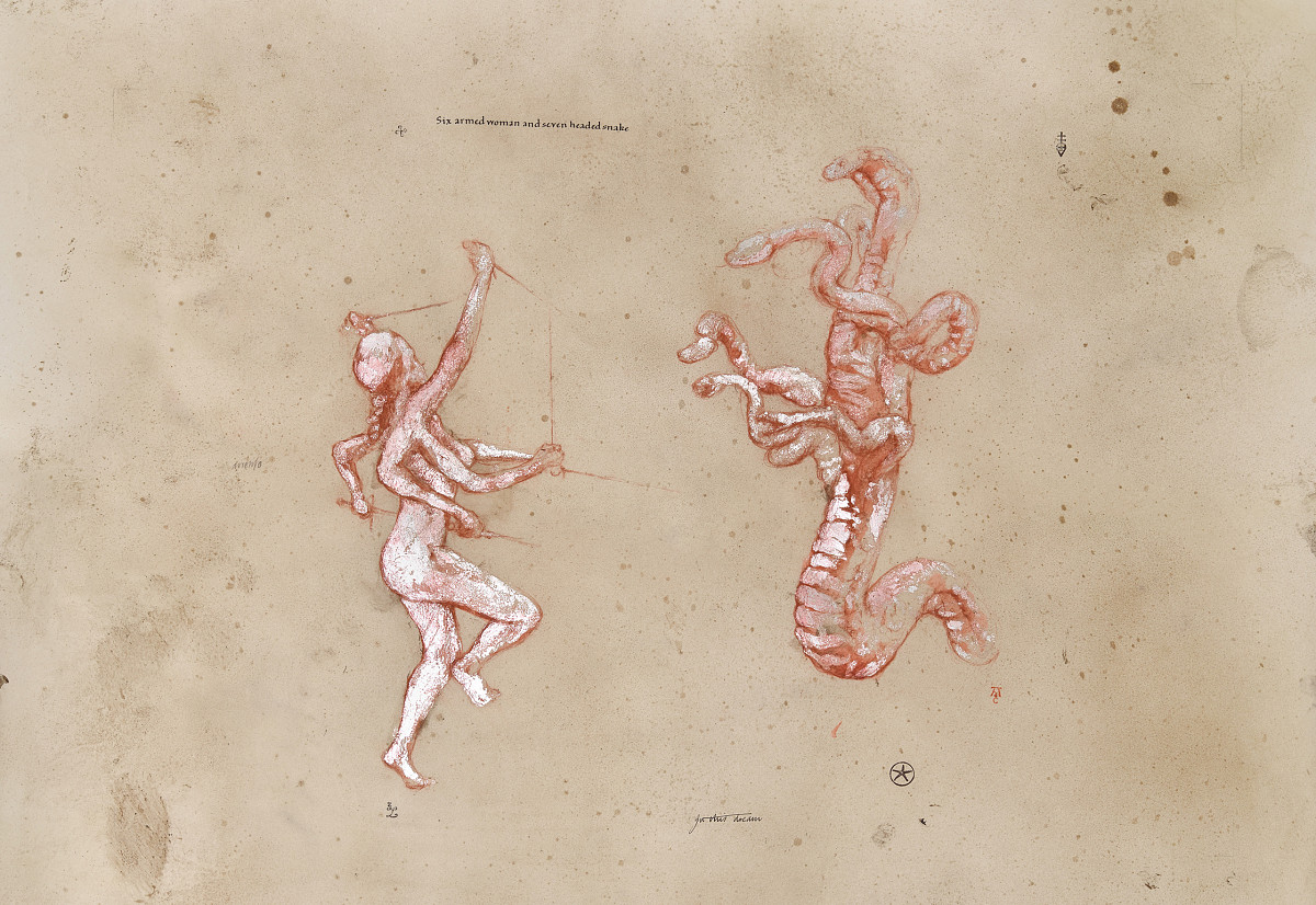 Red and white drawing of the goddess Kali attacking the multi-headed serpent Hydra with knives in her four arms and hands.