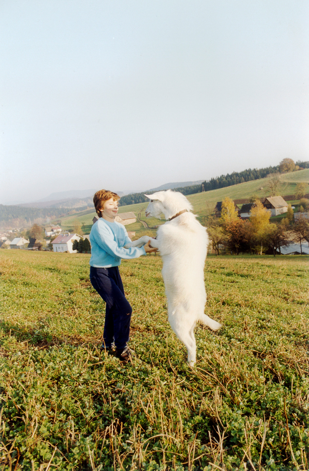 A woman is standing in a field. Opposite her, a white goat is standing upright. The woman is holding the animal's front legs with her hands.