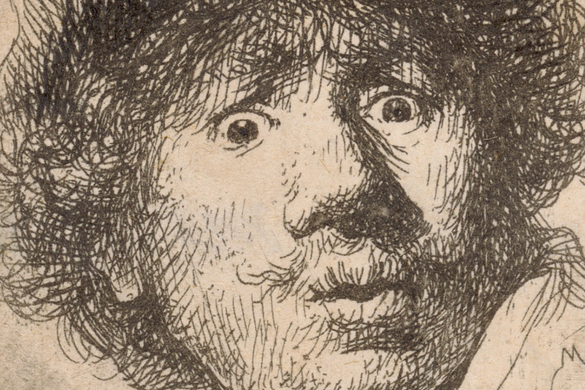 Drawing: A self-portrait of the artist with wide eyes and pursed lips. He is wearing a headdress under which curly hair and a moustache can be seen. He is looking out of the picture with his head turned to one side. Credit: Rembrandt Harmensz. van Rijn | Self-portrait with eyes wide open, 1630 | The ALBERTINA Museum, Vienna