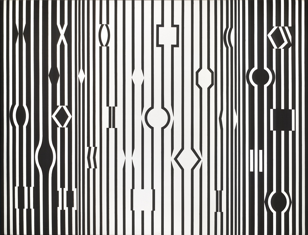 White and black lines run vertically across a white and black background and in some places curve into shapes such as circles, diamonds or squares.