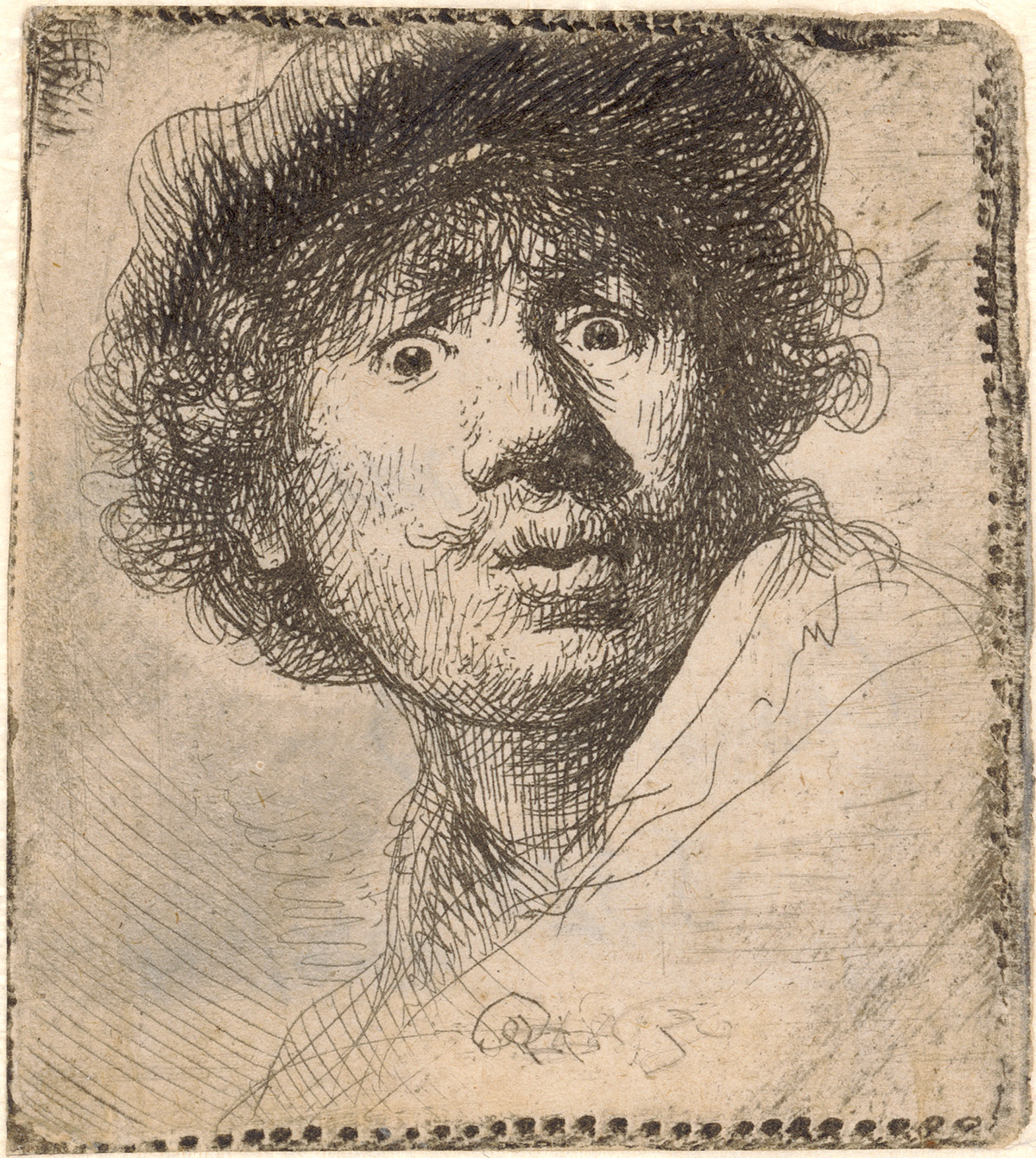 Drawing: A self-portrait of the artist with wide eyes and pursed lips. He is wearing a headdress under which curly hair and a moustache can be seen. He is looking out of the picture with his head turned to one side.