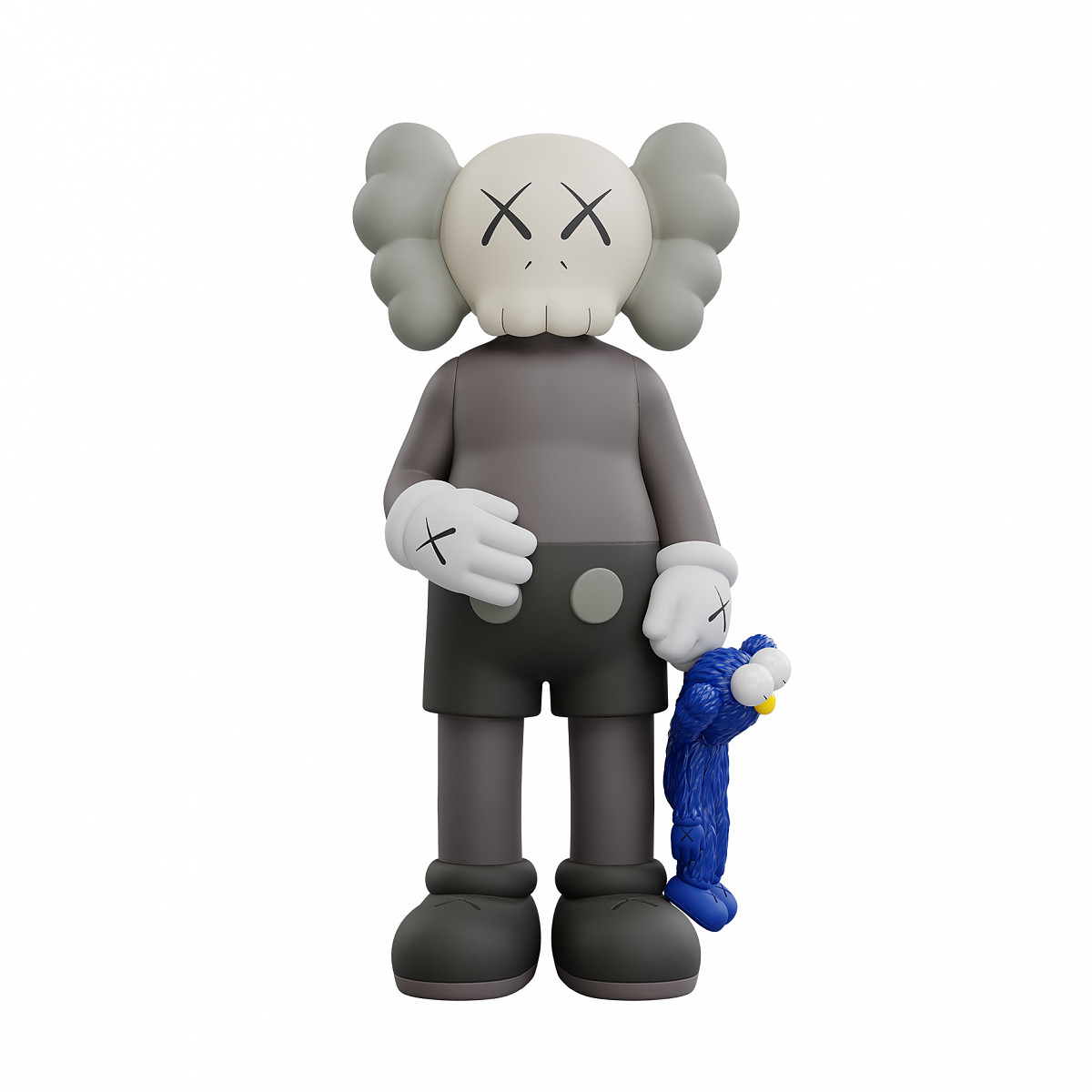 A standing, gray cartoon figure with a skull and X-eyes holds a smaller, furry, blue figure in his hand.