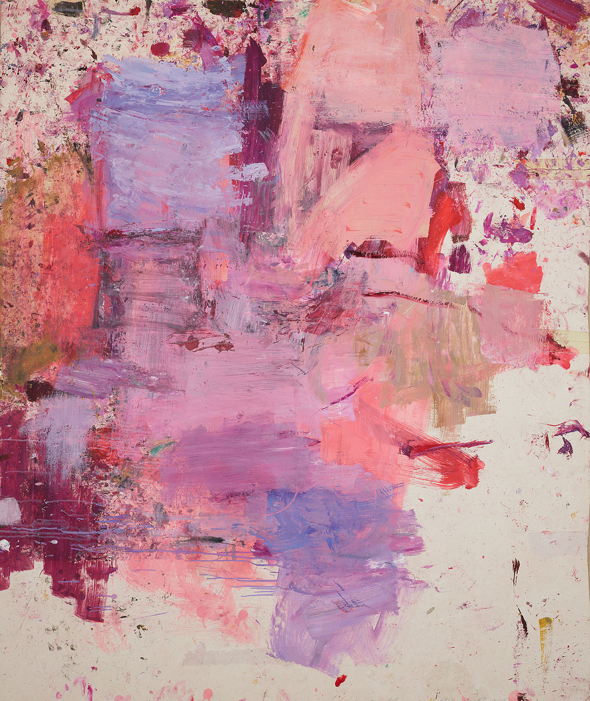 Several areas of color next to each other in shades of pink, red, and purple.