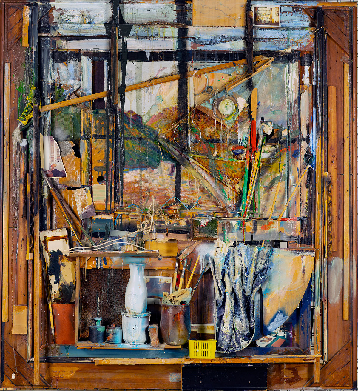 Various painting utensils, including brushes and containers, on a window sill. In the background, a window can be seen through which one can see a landscape with mountains and a lake.