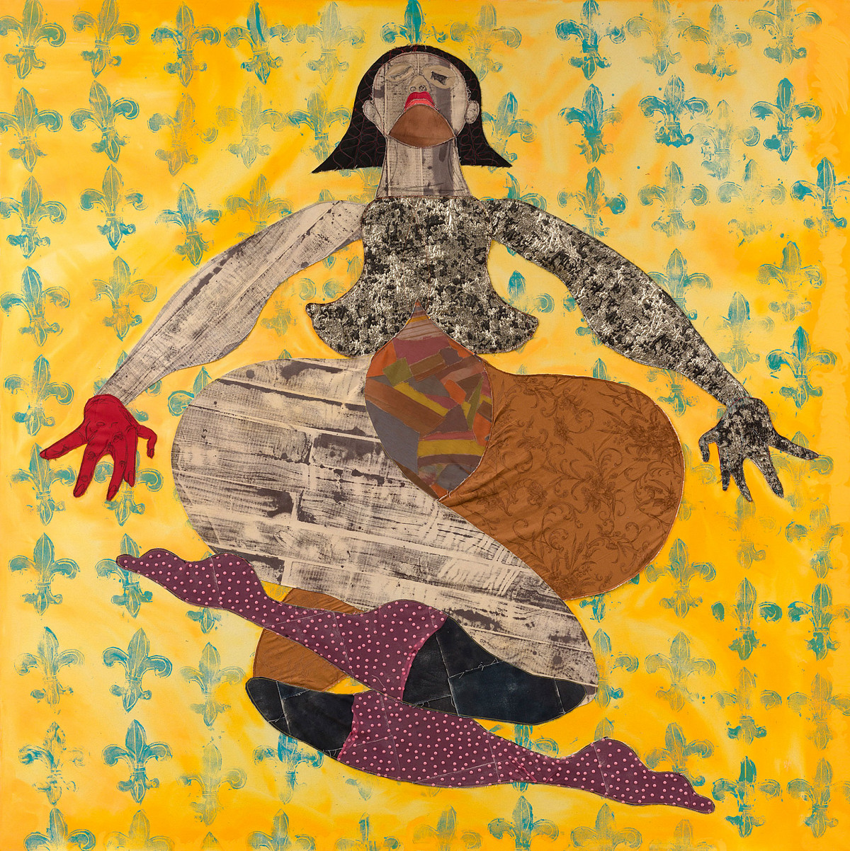 An abstract female figure composed of various patterns, with outstretched arms and crossed legs. In the background, yellow paint and a blue ornamental pattern cover the entire sheet.