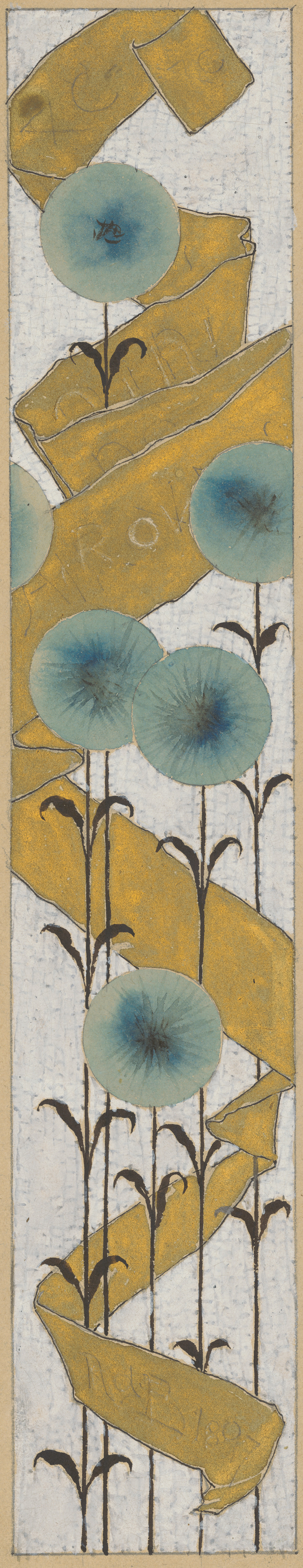Tall flowers with brown stems and leaves, light blue blossoms and a scabbard that winds its way upwards between the flowers across the entire picture.