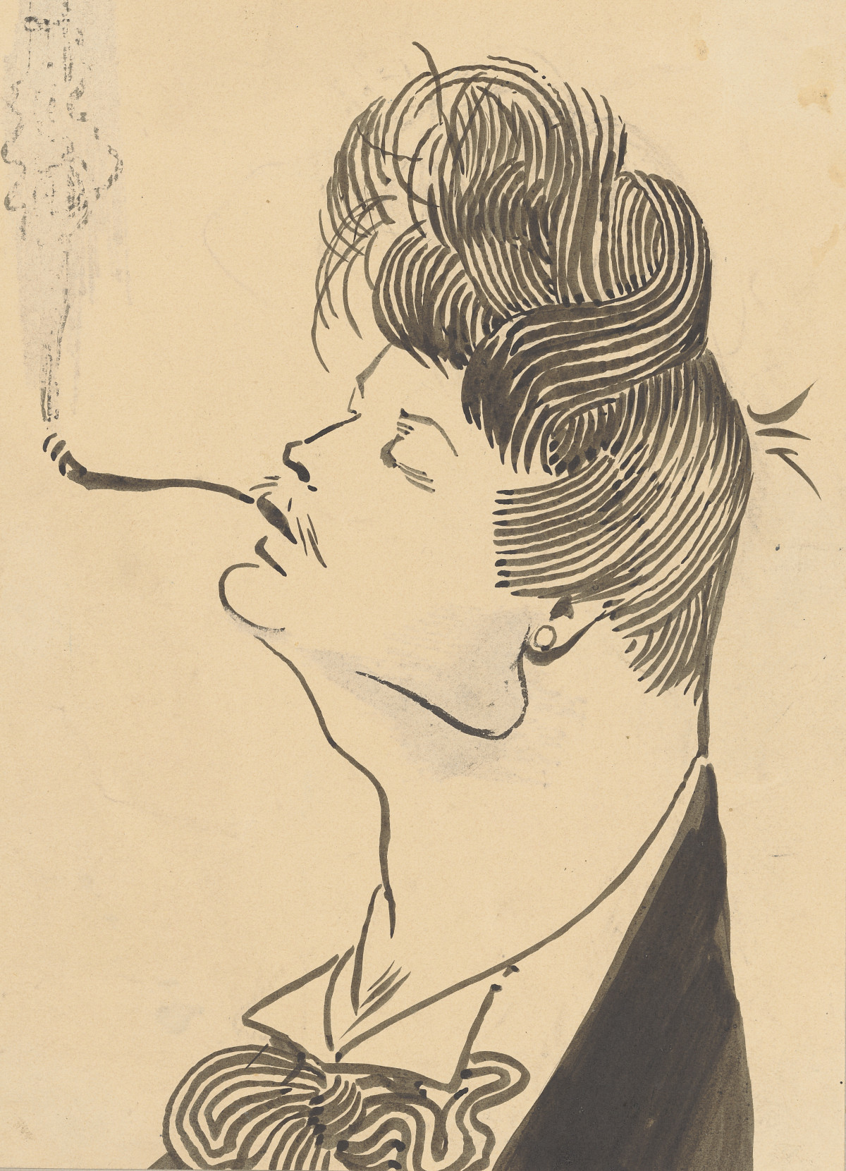 A man's head drawn in black ink. His chin is stretched upwards with a cigarette in his mouth and his curly hair in a quiff.