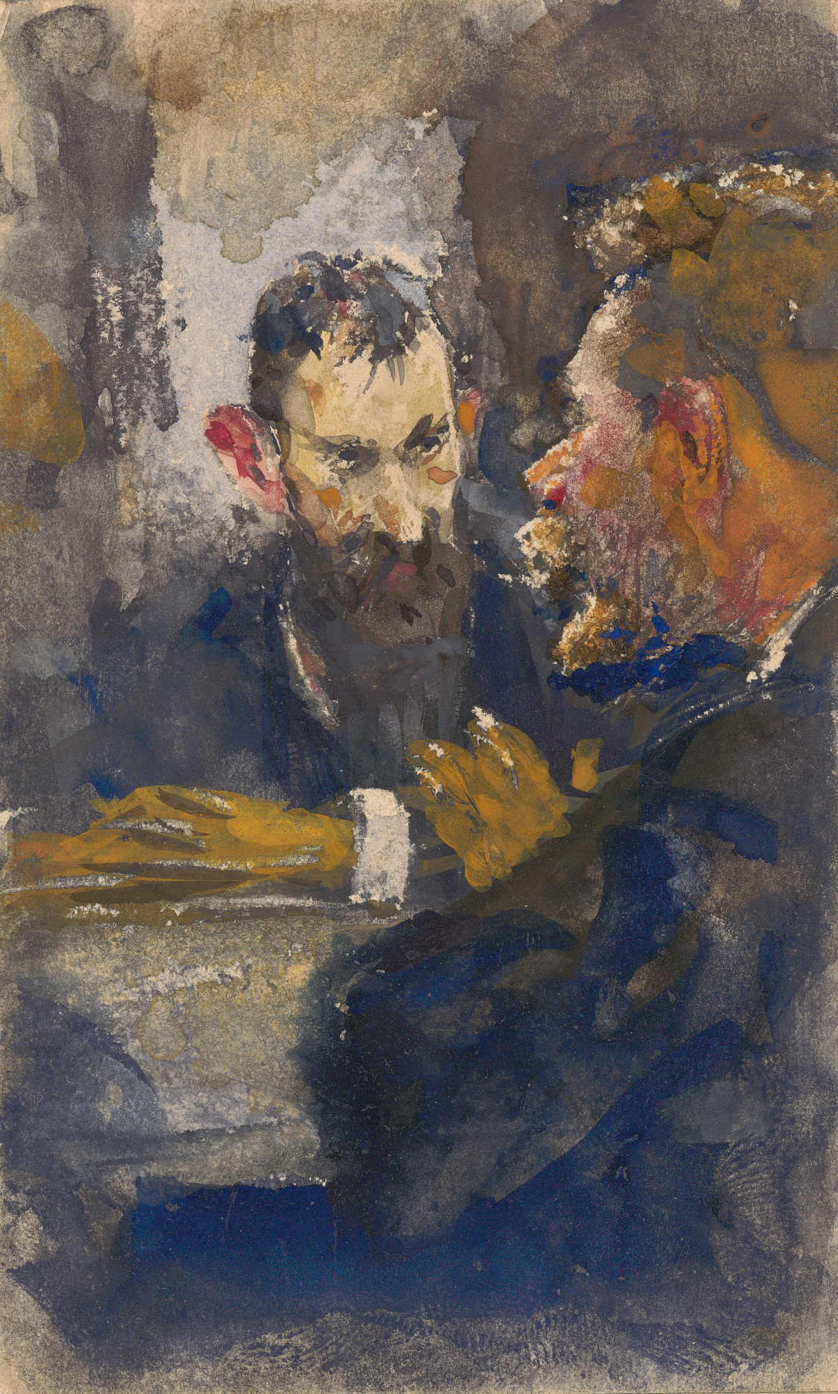 Two men sitting opposite each other in conversation. One looks over the shoulders of one of the men.