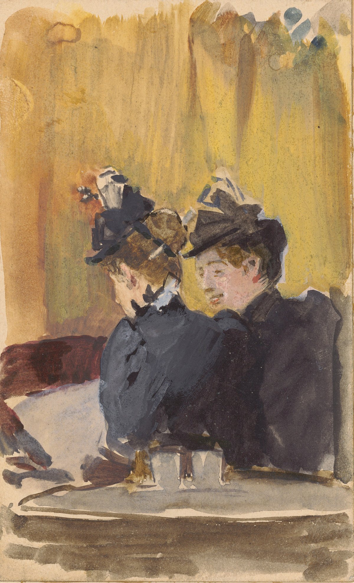 Two women in black dresses and black hats, hair tied in a bun, are sitting at a table. There are two drinking glasses in front of them.