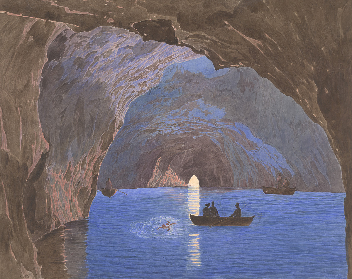 A cave vault with dark blue water at the bottom and a small arch at the end as an exit to the outside. One person swims in the water and three rowing boats, each with several people, float on the water. The water is reflected on the ceiling of the grotto.