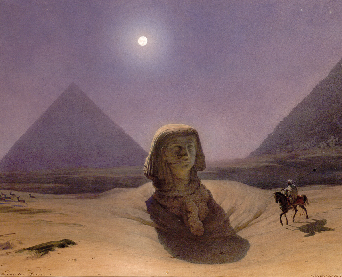The head of a sphinx statue protrudes from the sand, next to it a person riding a horse. In the background a pyramid and next to it the foot of another pyramid and the sun is shining with a sky in shades of purple.