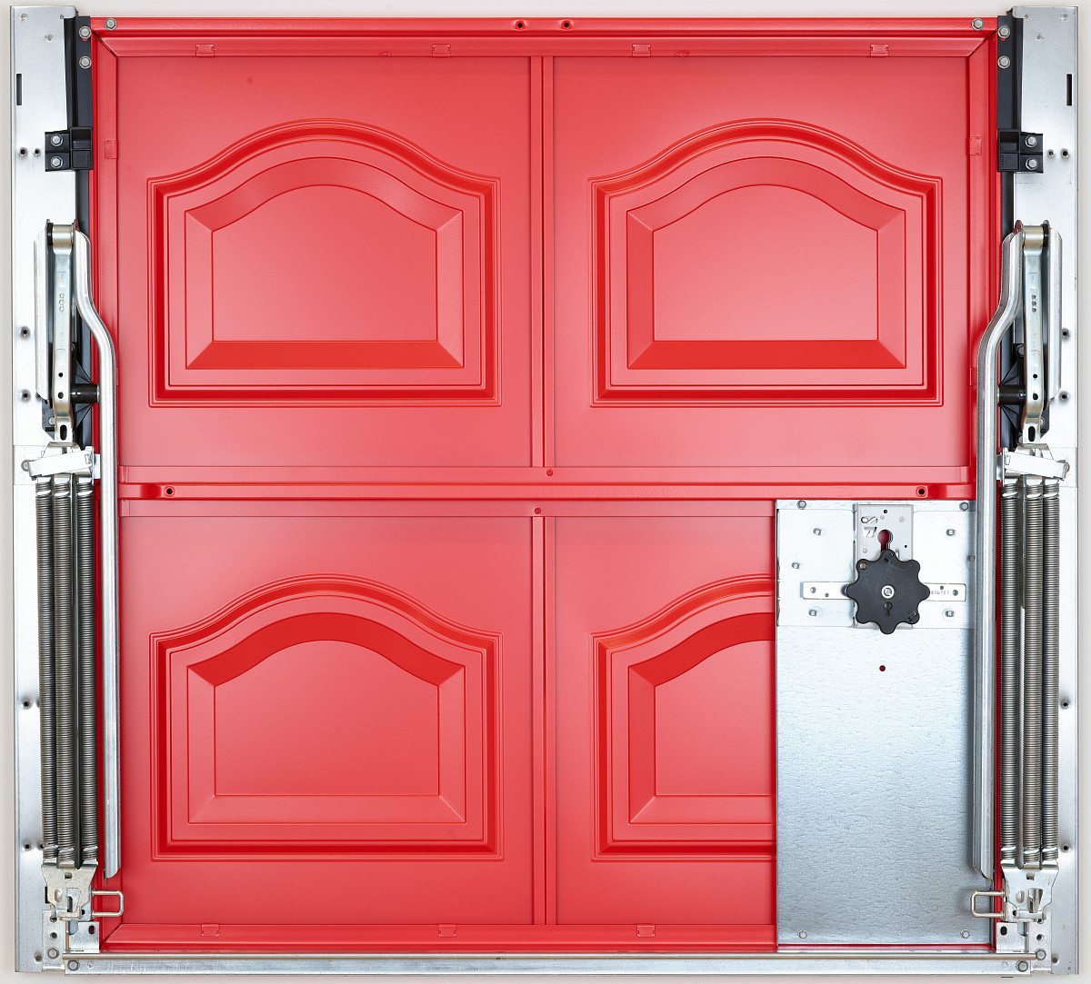 A door painted on site with mechanical devices on the left and right sides.