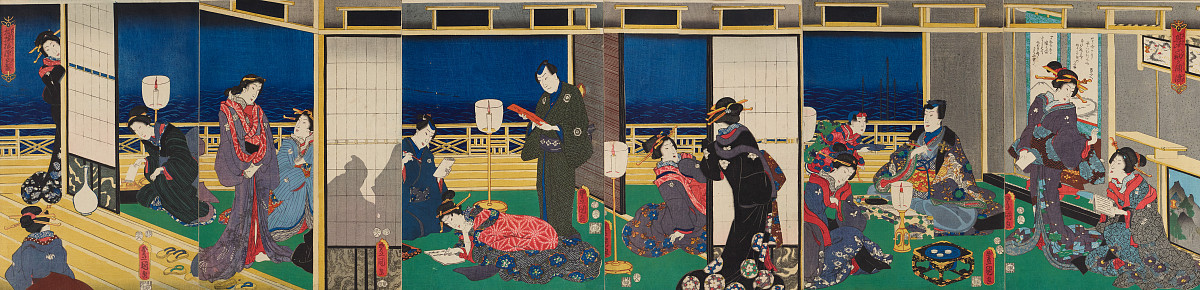 Utagawa Fusatane, Utagawa Hiroshige, Utagawa Kuniaki II., Utagawa Kunisada I./Toyokuni III., Utagawa Kunisada II./Toyokuni IV., Toyohara Kunishika, Ochiai Yoshiiku, Tsukioka Yoshitoshi, here: Utagawa Kunisada I./Toyokuni III.: The Tale of Genji, here: Prinz Genji Surrounded by Women in an Interior with a View of the Sea, 1850s–60s